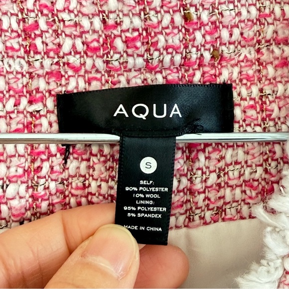AQUA Women Tweed Blazer Jacket Pink Small Button Fringe Trim Metallic Business - Picture 8 of 16